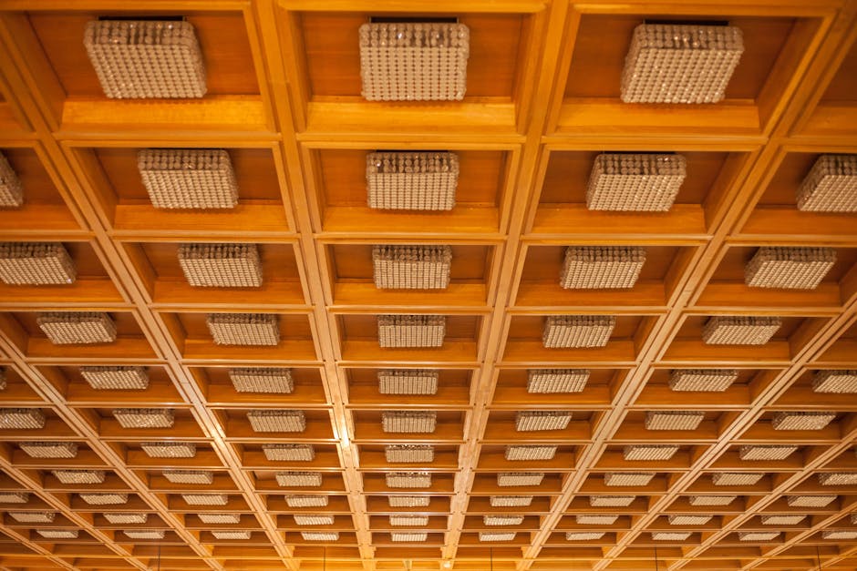 Geometric wooden ceiling with integrated lighting fixtures in Sofia, Bulgaria.